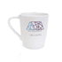 A coffee mug in speckled white with a handle and a branding logo on the front.