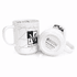 A white coffee mug featuring a logo, shown upright and tipped over, with a glossy finish.