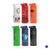 A drink bottle display featuring six Metro Sustain Bottles in red, orange, green, black, white, and blue, each with a logo.