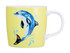 A drink mug in yellow featuring a blue dolphin design, packaged in a gift box. Includes a branding logo.