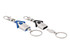 A keyring featuring a house-shaped design with blue and black components, including a metal clip and keyring attachment.
