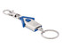 A keyring featuring a house-shaped design in silver and blue, with a metal clip and keyring attachment.