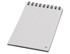 A grey pocket spiral notebook with lined pages and a logo in the corner.