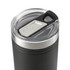 A drink bottle featuring a transparent lid and black body, with a silver band and a logo on the surface.
