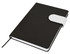 A black A5 notebook with a white closure and a ribbon bookmark, featuring a logo on the cover.