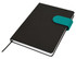 A black A5 notebook with a turquoise elastic band closure and a ribbon bookmark. It features a logo on the cover.