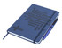 A navy blue A5 notebook with a debossed design and a matching pen, featuring an elastic band closure.