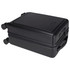 A black wheeled cabin trolley with a hard exterior, featuring a handle and two wheels for easy transport.