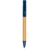A pen with a bamboo body and navy blue cap, featuring branding on the side.