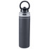 A drink bottle made of recycled stainless steel in grey with a flip straw and a carrying handle. It features a logo.