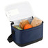 A navy insulated lunch bag with a zippered opening, containing bread rolls, an orange, and an apple. It has a logo.