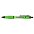 A green pen with a transparent body and a branding logo on the side.