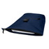 A navy recycled roll-top backpack with a zipper and clip closure, featuring a visible laptop compartment.