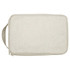 A toiletry organiser in a light beige fabric with a zip closure and a carrying handle. Features a logo.