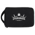 A black toiletry organiser with a zip closure and a logo featuring trees and antlers.