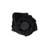 A black, tipless umbrella rolled neatly, featuring a circular handle at the centre. It includes a logo.