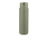 A drink bottle in muted green with a sleek design and a logo near the base. It features a secure opening mechanism.