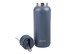 A drink bottle in matte navy blue, featuring a stainless steel lid and a removable straw. It has a logo.