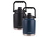 A drink bottle featuring a vacuum-insulated design, available in black and navy blue, with a carry handle and lid.