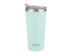 A drink bottle with a mint green exterior and stainless steel lid, featuring a logo on the front.