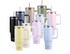 A drink bottle collection featuring various colours, including black, beige, green, pink, and blue, with straws and handles.