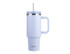 A drink bottle in light blue with a handle, metal rim, and a straw, featuring a logo on the front.
