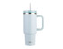 A drink bottle in light blue with a handle and straw, featuring a silver accent and a logo.
