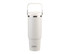 A drink bottle in white with a silver band and a handle, featuring a logo on the front.