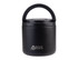 A black vacuum food flask with a handle and spork, featuring a logo on the front.