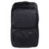 A black backpack featuring multiple zippered compartments and a logo on the front.