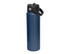 A drink bottle in navy blue with a black spout lid and a black carry handle. Features a logo.
