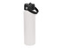 A drink bottle in white with a black screw lid and handle. It features a logo on the side.