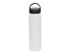 A drink bottle in white with a black lid and handle, featuring a logo.