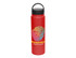 A drink bottle in bright red with a black lid and a colourful fingerprint design. It features a logo.