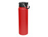 A drink bottle with a sleek design, featuring a bright red body and a black lid with a carrying handle.