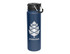 A drink bottle in navy blue with a silver logo and a combo lid, featuring a handle for easy carrying.