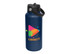 A drink bottle in navy blue with a black spout lid and a logo design in vibrant colours.