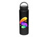 A drink bottle in black with a colourful logo design, featuring a carry lid for convenience.
