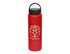 A drink bottle in red with a black carry lid and a logo featuring a floral design.