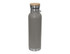 A drink bottle with a grey stainless steel body and a bamboo lid, featuring a metal handle.