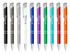 A collection of ten metal pens in various colours, including black, grey, white, blue, green, and orange, with branding.