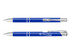 A blue metal pen with silver accents and a logo, featuring a sleek design and pen clip.