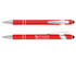 A red stylus pen with silver accents and a branding logo on the barrel.