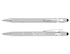 A grey stylus pen with chrome accents and a branding logo. Two styles are displayed, featuring smooth design elements.