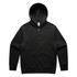 A black zip-up hoodie featuring a front pocket and a hood. It has a logo on the label.