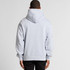 A light blue hoodie with a large hood, featuring a logo, viewed from the back.