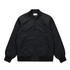 A black college bomber jacket featuring a front button closure and ribbed cuffs. It has a simple, sleek design.