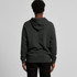 A dark grey hoodie with a hood, featuring a simple design and a logo on the back.