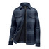 A women's plaid jacket in navy blue, featuring a Sherpa lining and two chest pockets. It has a branded logo.