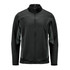 A black and dark grey men's knit jacket with a full zip and high collar, featuring logo branding.